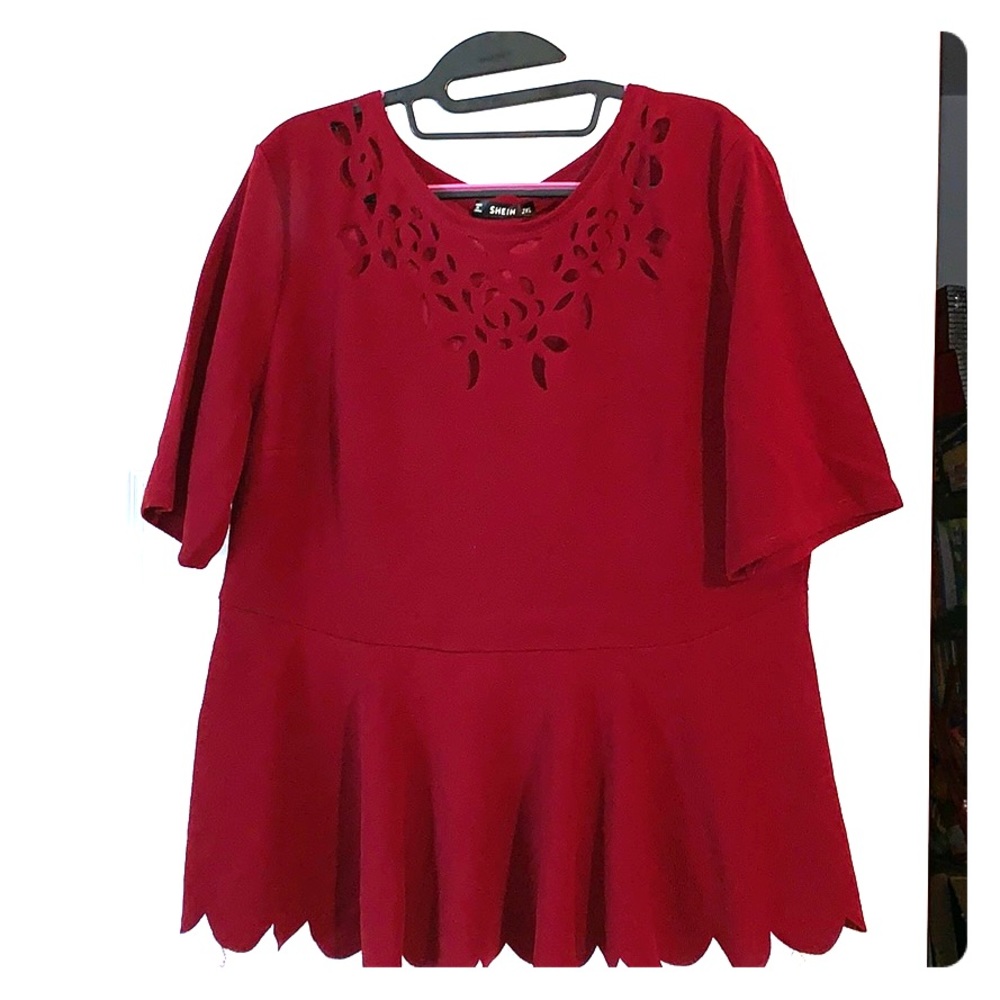 Peplum 2XL Short Sleeve Top by Shein. Burgundy
